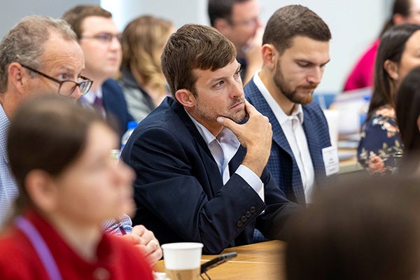 Participants at ECU’s Spring Pharma Conference listen to a presentation at the Life Sciences and Biotechnology Building.