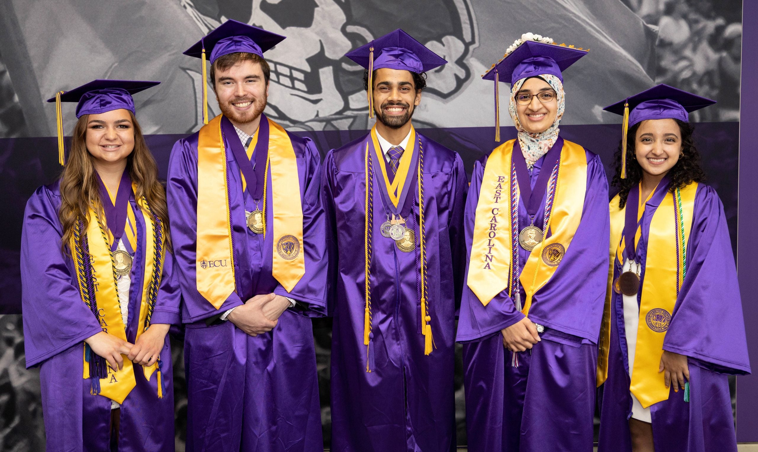 From left, Shaelyn Raleigh, Evan Martschenko, Elliot Paul, Thekra Hindi and Naimi Pothiwala were honored as the 2022 recipients of the Robert H. Wright Alumni Leadership Award.