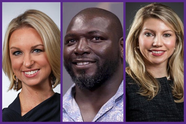 East Carolina University alumni Stephanie Bond, from left, Vonta Leach and Misty L. Miller have joined the ECU Foundation’s board of directors.