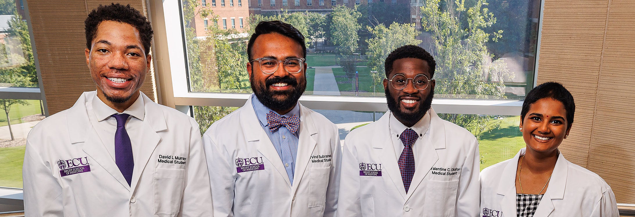 David Murray, from left, Arvind Mallikarjunan, Valentine Okafor and Vaishnavi Siripurapu — all North Carolina residents — have been chosen for the Class of 2026 Brody Scholar and Brody Fellow award, valued at approximately $118,000.