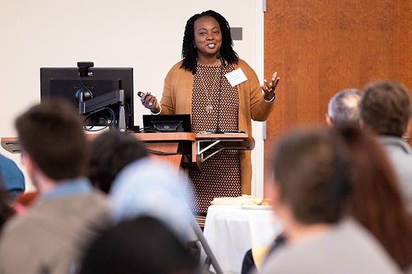 Dr. Sharona Johnson, the nursing Advanced Clinical Practice administrator for ECU Health, speaks to first-year medical students during the 16th annual José G. Albernaz Golden Apple Distinguished Lecture at the East Carolina Heart Institute on Oct. 24. 