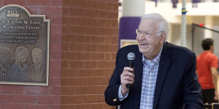 Former Chancellor Dr. Dick Eakin speaks during the dedication where a plaque was unveiled at the Richard R. and JoAnn M. Eakin Student Recreation Center at East Carolina University.