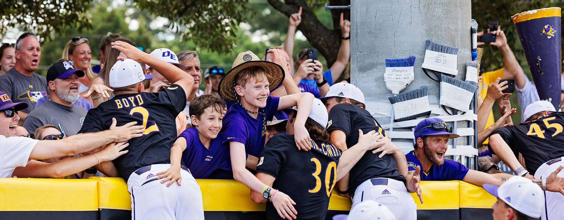 East Carolina baseball players celebrate with fans in The Jungle after winning the NCAA Greenville Regional championship. 