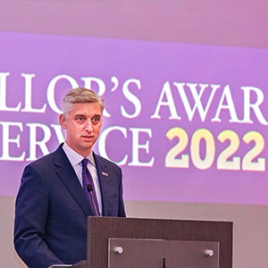 Chancellor Philip Rogers welcomes everyone to the 2022 Chancellor’s Awards for Service. More than 100 East Carolina University faculty, staff and students were honored at the event. 