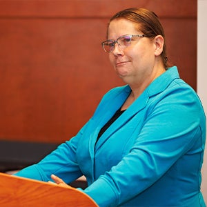 Teresa Ryan, associate professor and director of engineering research in the Department of Engineering, speaks after receiving the UNC Board of Governors Award for Excellence in Teaching.