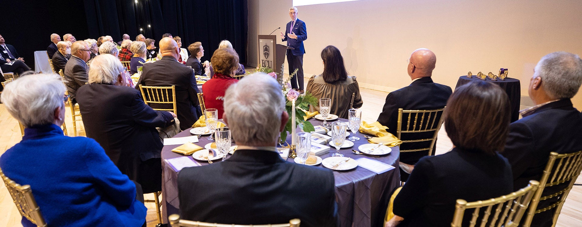 ECU Chancellor Philip Rogers speaks to attendees at the 2022 Leo W. Jenkins Society luncheon.