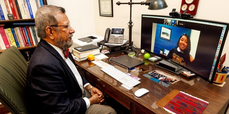 Sy Saeed, executive director of NC-STeP, talks to a student from Elizabeth City from his office in Brody. The program was awarded the 2022 Innovation Award for technology from North Carolina’s i2i Center for Integrative Health. (Photo by Cliff Hollis)
