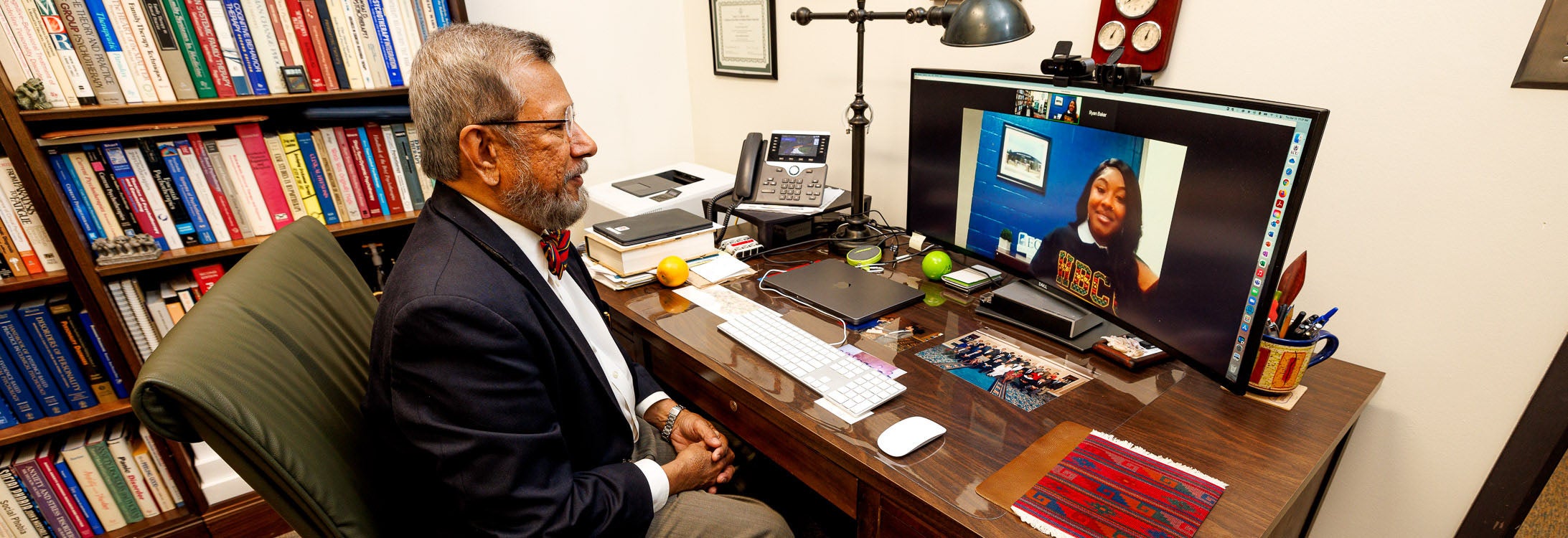 Sy Saeed, executive director of NC-STeP, talks to a student from Elizabeth City from his office in Brody. The program was awarded the 2022 Innovation Award for technology from North Carolina’s i2i Center for Integrative Health.