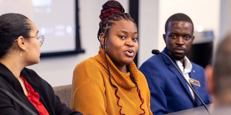 Student Iyaira Williams discusses her involvement with the Purple Pantry during the East Carolina University's February Board of Trustees meeting on Thursday.