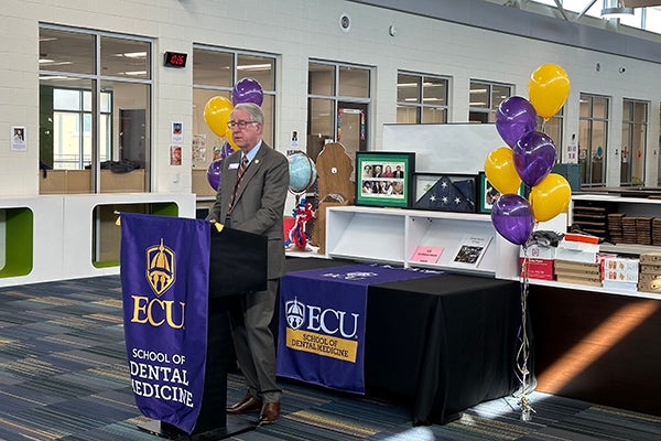 Greg Chadwick, dean of the East Carolina University School of Dental Medicine, spoke to a group of local and state leaders during the kick-off for the Jones County School-Based Oral Health Prevention Program. 