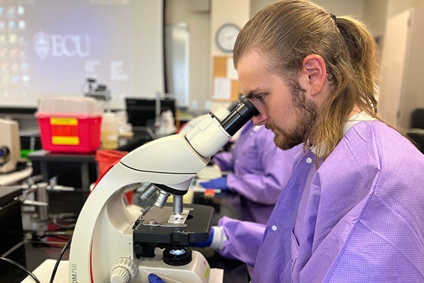 An East Carolina University clinical laboratory sciences student examines specimens under a microscope. ECU’s clinical laboratory science and occupational therapy programs received final approval to increase their course offerings. 