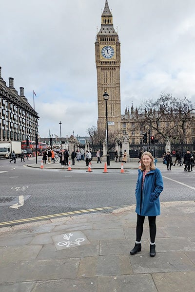 Reardon stands in front of Big Ben, where she is interning at Parliament.