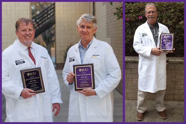James deVente and David Collier, from left, were honored as Master Educators by the ECU Brody School of Medicine’s Office of Faculty Affairs and Leadership Development. Ricky Watson was also named a Master Educator for the ECU Brody School of Medicine for his achievements in education and mentorship.