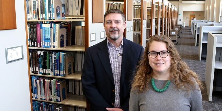 Roger Russell, associate director of Laupus Library, and Jamie Bloss, library associate professor and Laupus liaison librarian, partnered to lead a grant to improve digital literacy and broadband access for migrant farmworkers. (ECU photos by Benjamin Abel)