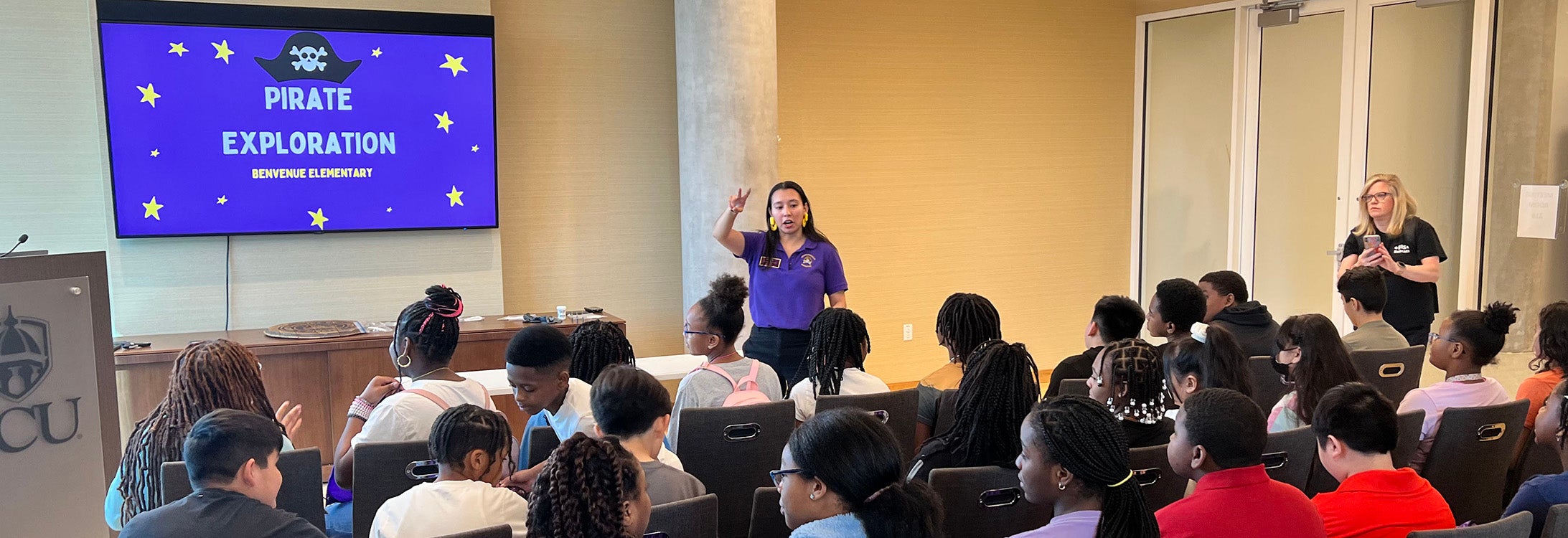 Nearly 100 fifth grade students from two North Carolina elementary schools visited East Carolina University this spring to tour the campus and learn about the educational, recreational and career possibilities available to them as future Pirates. (Contributed photo by Jean-Luc Scemama)