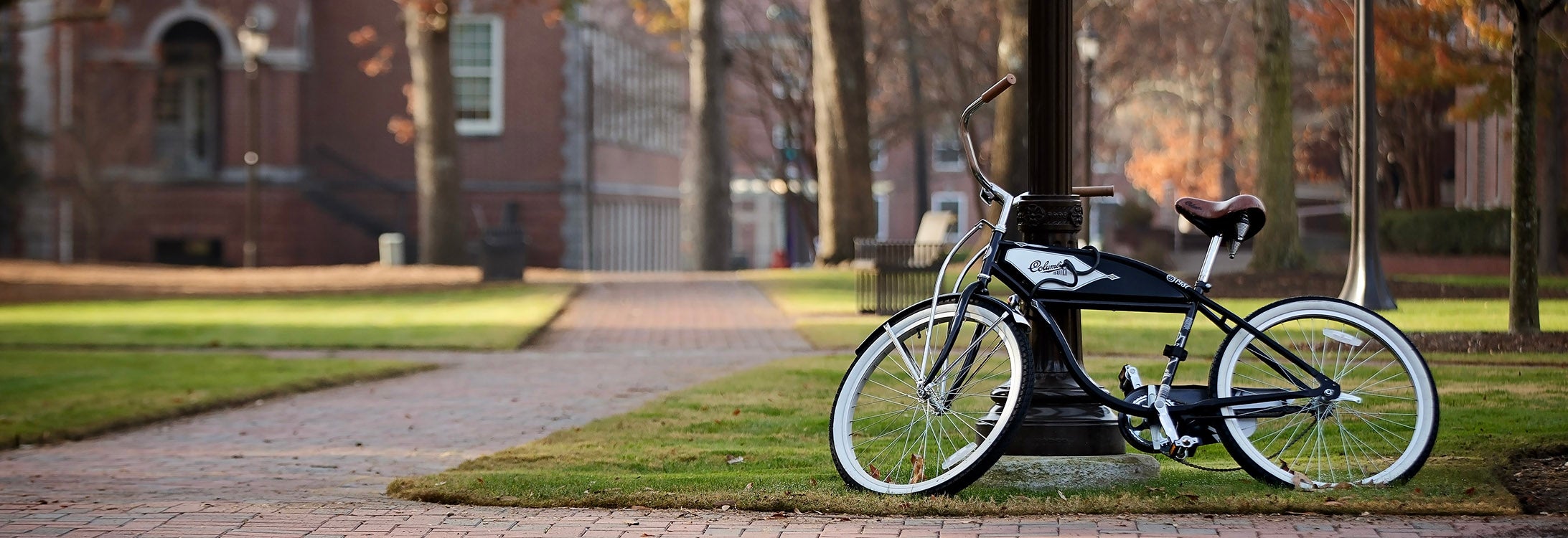 Bike sits parked on campus.