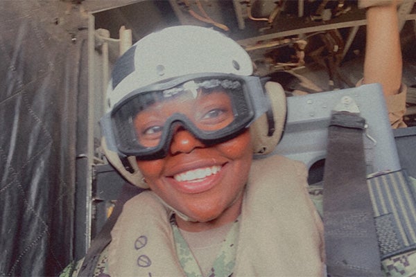 ECU nursing graduate Esther Olajide rides in a V-22 Osprey during her deployment to Djibouti in Africa in 2022. 