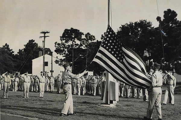 East Carolina University Air Force ROTC cadets raise the American flag. 