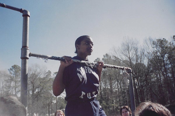 An ECU Air Force ROTC cadet does a pull-up during the spring of 1997.