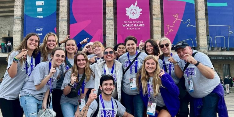 Volunteers from East Carolina University pose before the start of competitions at the Special Olympics World Games in Berlin in June.