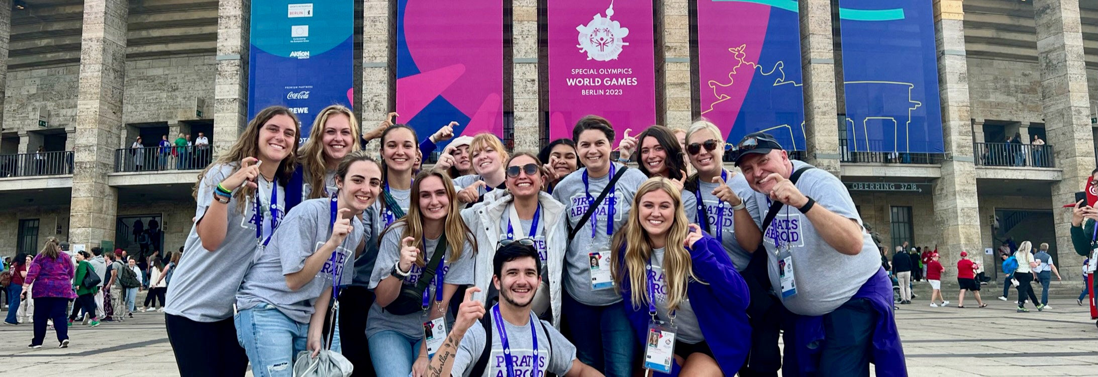 Volunteers from East Carolina University pose before the start of competitions at the Special Olympics World Games in Berlin in June.