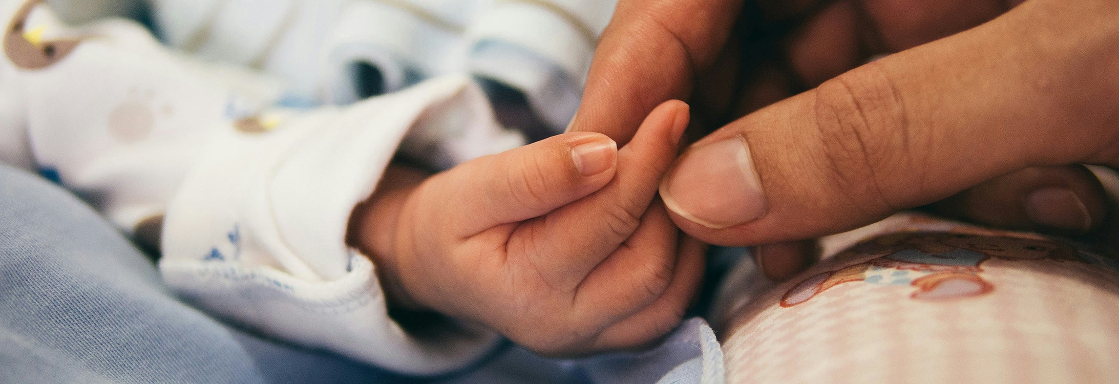 A baby’s finger is being held by an adult thumb and finger.