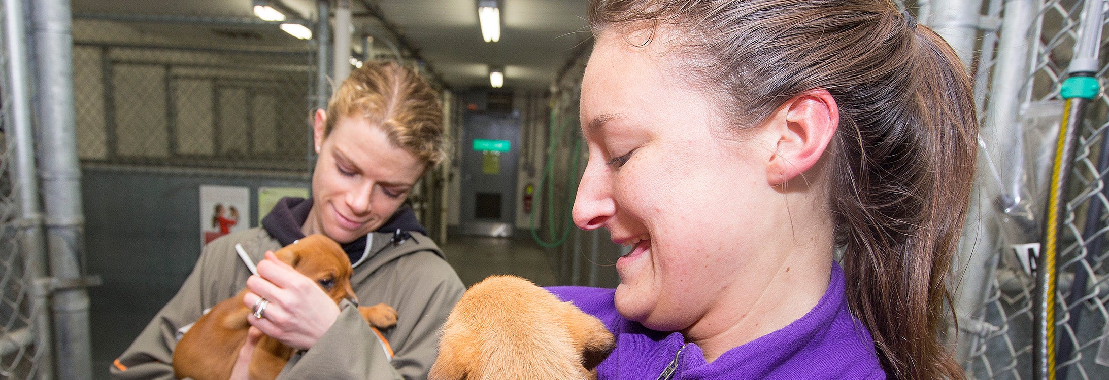 Melanie Sartore-Baldwin, left, smiles as she holds a puppy in 2014 at the Pitt County Animal Shelter during the first year of East Carolina University’s Kinesiology 1010 fitness walking course. (ECU News photos)