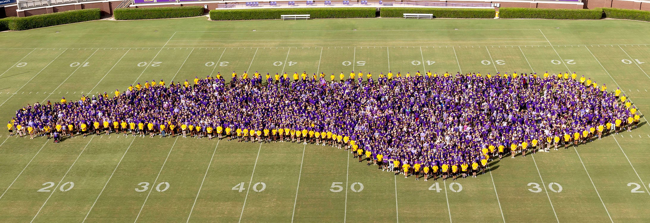 The Class of 2028 poses for a group photo at Dowdy-Ficklen Stadium. (ECU photo by Rhett Butler)