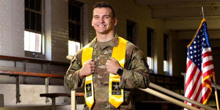 Brandon Damgaard, a member of ECU’s Army ROTC and the North Carolina Army National Guard, will see the first of his educational goals accomplished when he graduates this Friday with degrees in biochemistry, biology, chemistry and physics. (Photo by Rhett Butler)