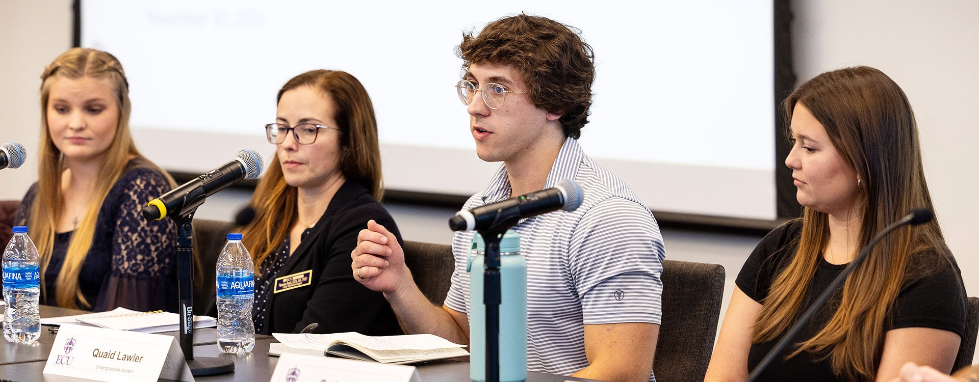 Quaid Lawler, speaking, and other ECU students talked about the importance of relationships in fostering student success in a panel discussion with the Board of Trustees’ Committee on Strategy and Innovation on Thursday. 