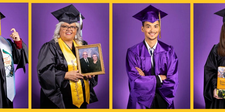 A series of two female and two male students dressed in graduation regalia pose for individual headshots.