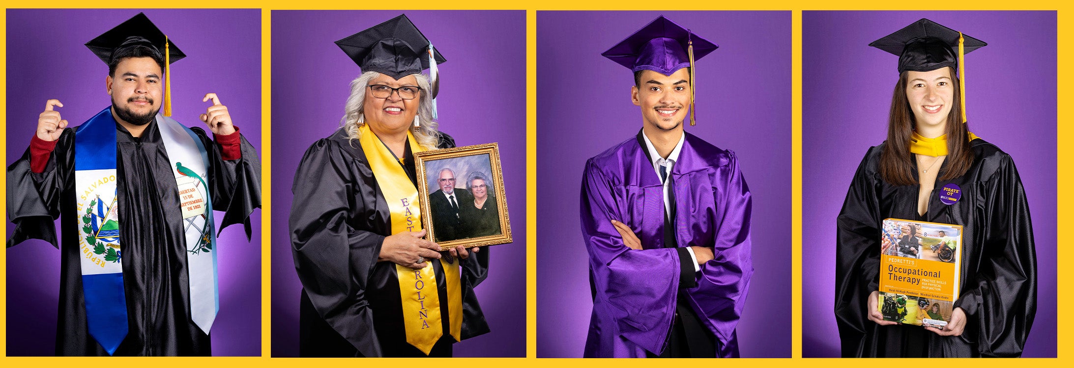 A series of two female and two male students dressed in graduation regalia pose for individual headshots.