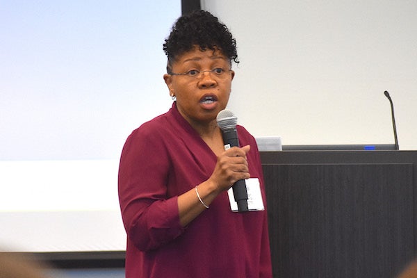 Dr. Rukiyah Van Dross-Anderson pitches her melanoma therapeutic to an audience. (Photo by Kim Tilghman)