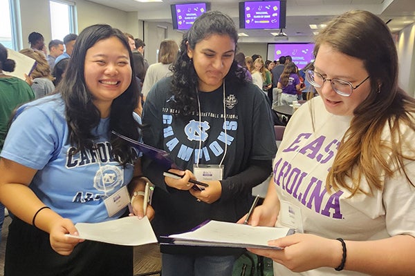 Members of the ECU Brody School of Medicine’s Class of 2028 participate in an icebreaker activity during their first day of orientation July 22. (Photo by Spaine Stephens)