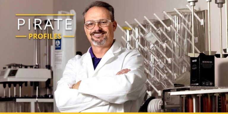 Dr. Jack Pender poses for a photo in a lab in the Science and Technology Building. (ECU Photo by Rhett Butler)