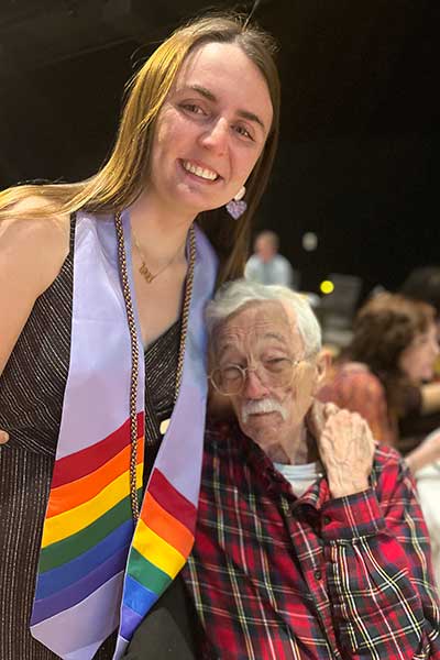 Sabrina Lawing and Jesse Peel visit during the Lavender Launch ceremony May 4, 2023 at ECU’s Black Box Theater. The event celebrates graduating LGBTQ and ally students.