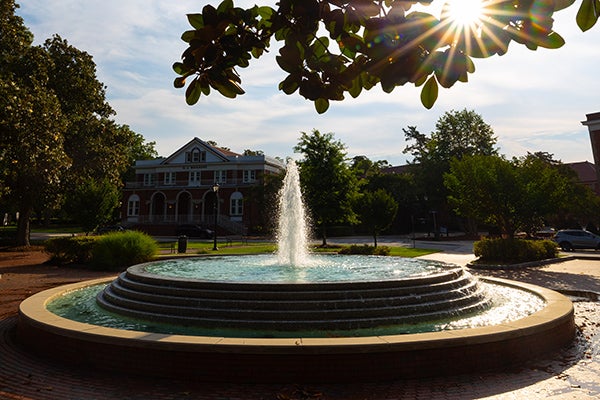 Water in East Carolina University's Wright Fountain sparkles in the sun. 