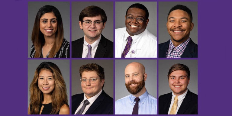 from left to right Noor Baloch, Nolan Davis, Michael Denning, Charles Johnson, Hannah Rayala, Emmalee Todd, Ben Wise and Michael Wright will join students from other colleges and universities across the state in the North Carolina Medical Society Kanof Institute of Physician Leadership’s 2024 Future Clinician Leaders College (FCLC).